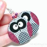 Checkered Owl Dangle Round Decoupage Earrings Grey..