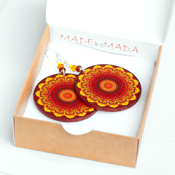 Fall Fashion Rosette Mandala - Yellow Brown Orange - Decoupage Earrings - Double Faced
