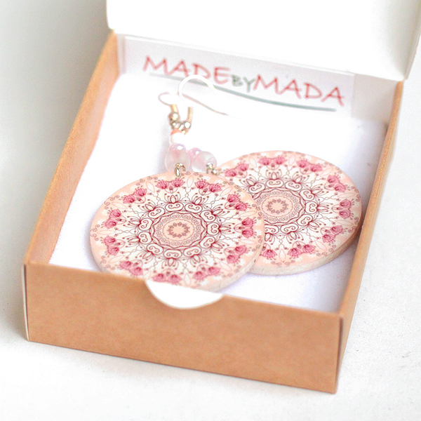 Delicate Pink Rosette Round - Decoupage Earrings - Double Faced