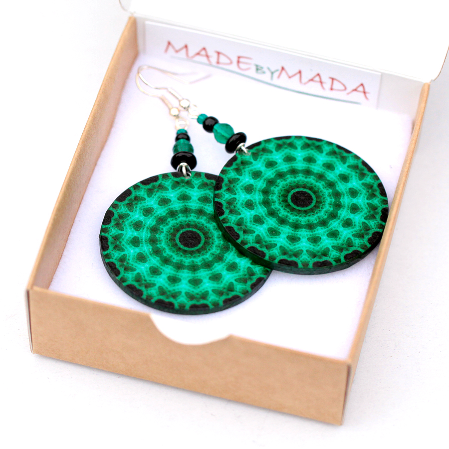 Fluo Emerald Green Mandala Earrings Round Decoupage Jewelry